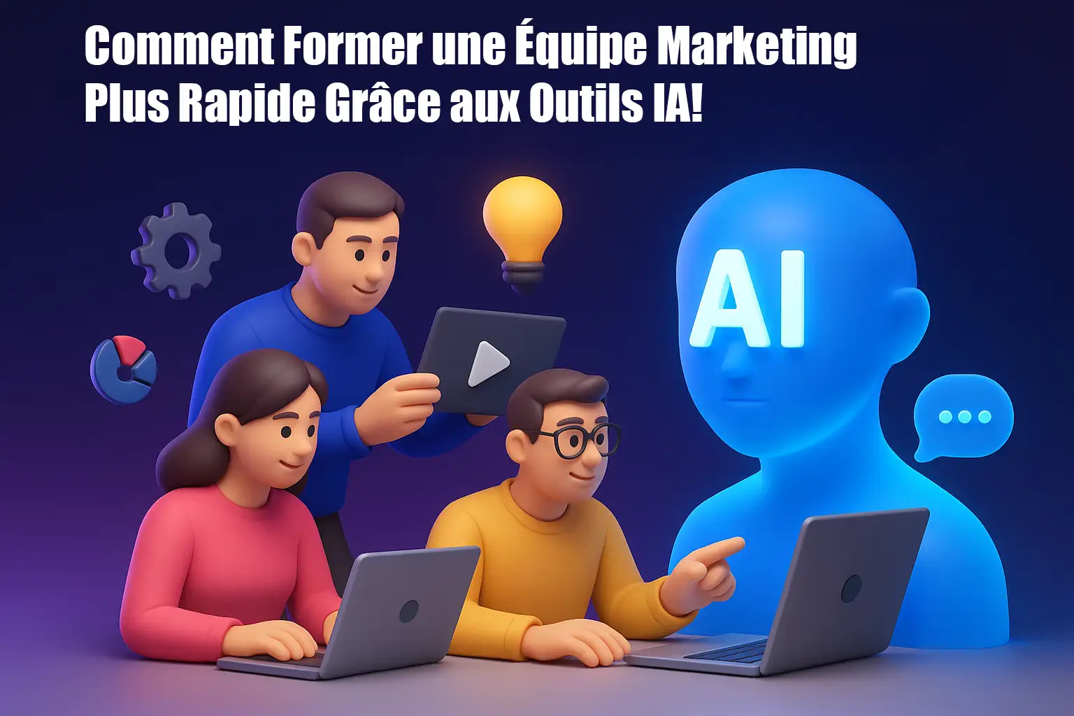 3D illustration showing a diverse marketing team learning from AI tools like ChatGPT, with laptops and a digital assistant on screen.