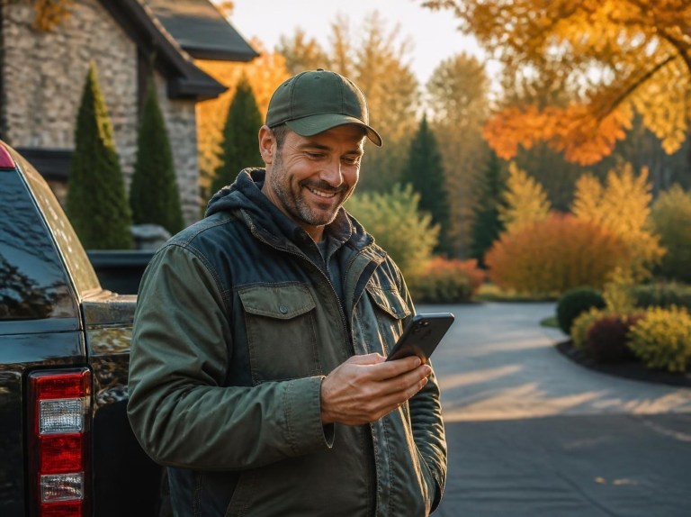 Entrepreneur paysagiste qui reçoit une nouvelle demande de client sur son téléphone