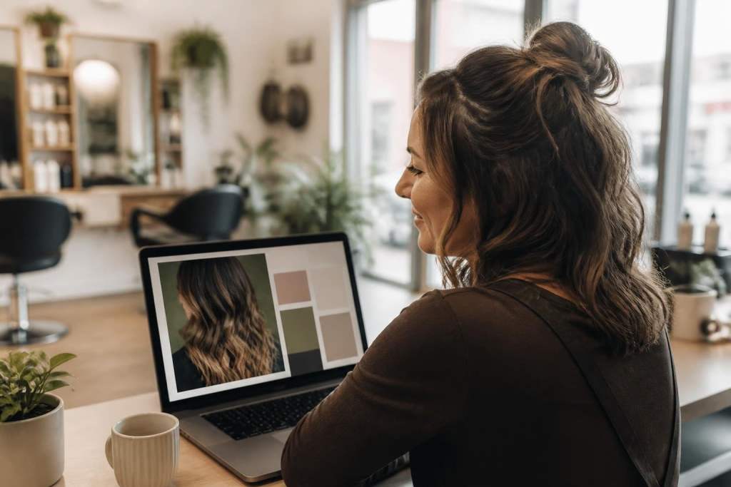 Propriétaire de salon de coiffure qui sourit devant son nouveau site web