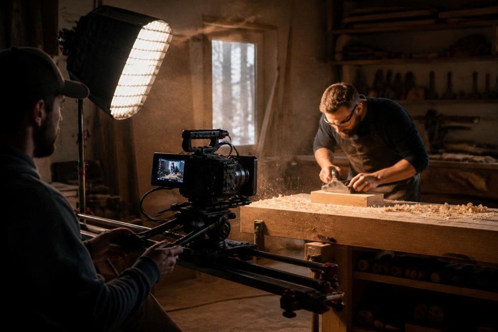 Tournage vidéo d'un artisan qui travaille l'érable dans son atelier