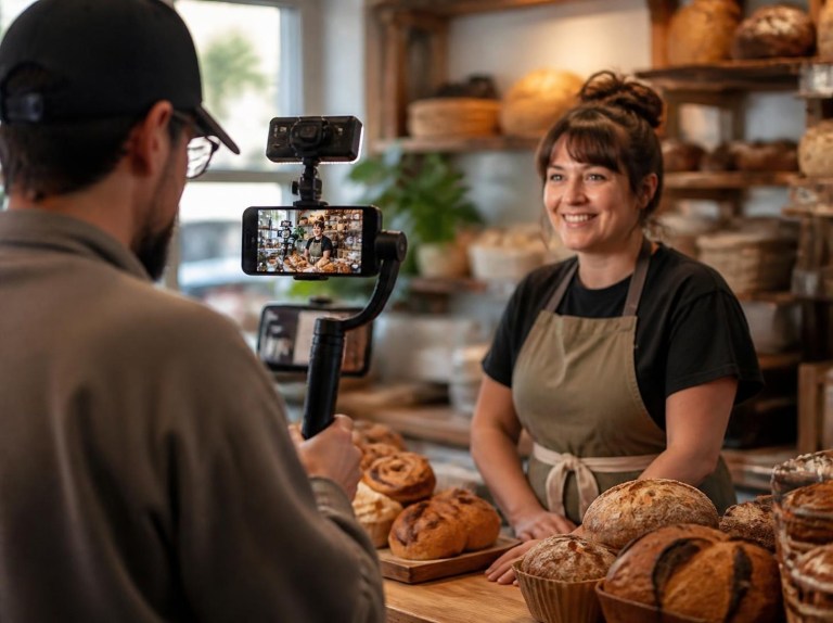 Vidéaste qui filme la propriétaire d'une boulangerie locale pour les réseaux sociaux