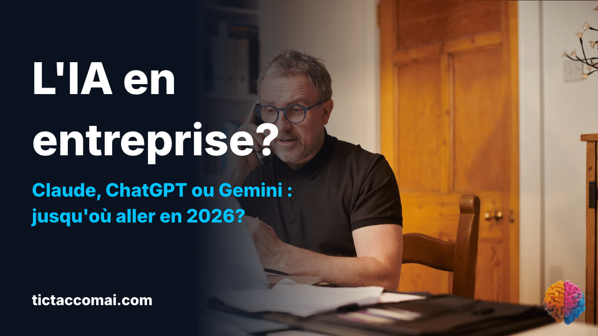 Small business owner working at his computer, with the headline AI for your business? Claude, ChatGPT or Gemini: how far should you go in 2026?
